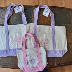 Set of 3 Canvas Trader Joe's Tote Bags - 2 Large Lavender & 1 Pink Mini Tote $39